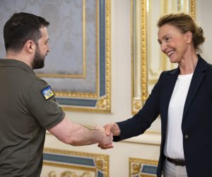 epa09936481 A handout photo made available by the Ukrainian presidential press service shows Ukrainian President Volodymyr Zelensky (L) meets with Secretary-General of the Council of Europe Maria Pejcinovic Buric (R) in Kyiv, Ukraine, 09 May 2022. Maria Peichynovych-Burych arrived in Kyiv to meet with top Ukrainian officials amid the Russian invasion.  EPA/PRESIDENTIAL PRESS SERVICE HANDOUT  HANDOUT EDITORIAL USE ONLY/NO SALES