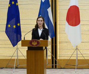 epa09939759 Finland's Prime Minister Sanna Marin (L) speaks next to Japan’s Prime Minister Fumio Kishida during a joint press announcement at the latter’s official residence in Tokyo, Japan, 11 May 2022. Finnish Prime Minister Marin and her Japanese counterpart strongly condemned Russia's invasion in Ukraine.  EPA/FRANCK ROBICHON / POOL