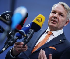 epa09946889 Finland‘s Foreign Minister Pekka Haavisto talks to media as he arrives for a NATO Foreign Ministers Meeting in Berlin, Germany, 14 May 2022. NATO's Ministers of Foreign Affairs meet from 14 to 15 May 2022 in Berlin.  EPA/CLEMENS BILAN