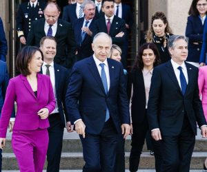 epa09948267 (L-R) Germany’s Foreign Minister Annalena Baerbock, NATO Deputy Secretary General Mircea Geoana and US Secretary of State Antony Blinken walk next to each other on their way to a family photo option during a NATO Foreign Ministers Meeting in Berlin, Germany, 15 May 2022. NATO's Ministers of Foreign Affairs meet from 14 to 15 May 2022 in Berlin.  EPA/CLEMENS BILAN