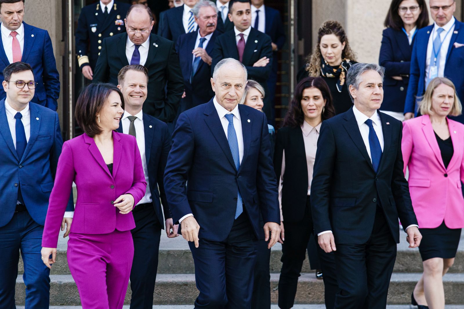 epa09948267 (L-R) Germany’s Foreign Minister Annalena Baerbock, NATO Deputy Secretary General Mircea Geoana and US Secretary of State Antony Blinken walk next to each other on their way to a family photo option during a NATO Foreign Ministers Meeting in Berlin, Germany, 15 May 2022. NATO's Ministers of Foreign Affairs meet from 14 to 15 May 2022 in Berlin.  EPA/CLEMENS BILAN