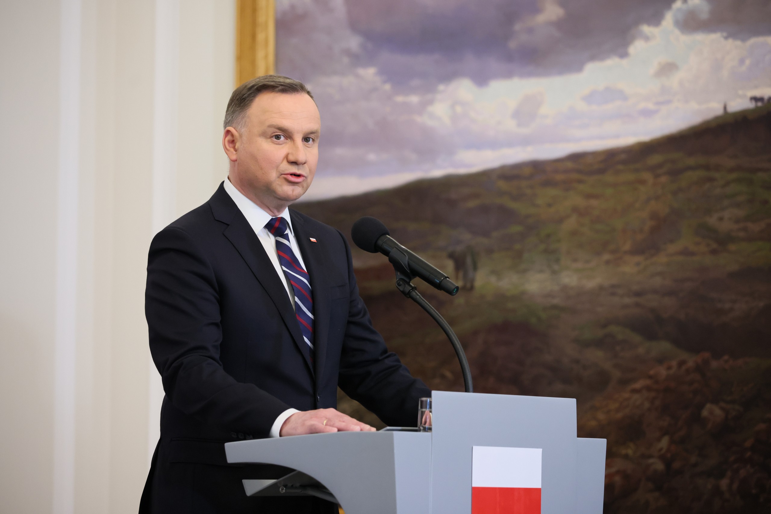 epa09952988 Polish President Andrzej Duda attends a joint press conference with Hungarian President Novak after their meeting at the Belvedere Palace in Warsaw, Poland, 17 May 2022. The Hungarian president is on an official visit to Poland.  EPA/LESZEK SZYMANSKI POLAND OUT