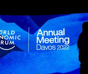 epa09965135 Workers set the stage prior the annual meeting of the World Economic Forum (WEF) in Davos, Switzerland, 22 May 2022. The forum begins 22 May, after being postponed due to the COVID-19 outbreak and rescheduled to early summer.  EPA/GIAN EHRENZELLER