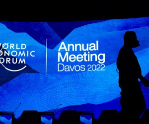 epa09965135 Workers set the stage prior the annual meeting of the World Economic Forum (WEF) in Davos, Switzerland, 22 May 2022. The forum begins 22 May, after being postponed due to the COVID-19 outbreak and rescheduled to early summer.  EPA/GIAN EHRENZELLER
