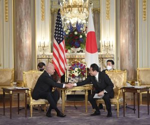 epa09968081 US President Joe Biden (L) and Japan's Prime Minister Fumio Kishida (R) attend the Japan-US summit meeting at Akasaka Palace State Guest House in Tokyo, Japan 23 May 2022. President Biden is visiting Japan within the QUAD summit of the Indo-Pacific countries - United States, Japan, Australia, India - that will be held in Tokyo on the 24 May.  EPA/DAVID MAREUIL / POOL
