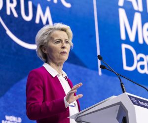 epa09971051 Ursula von der Leyen, President of the European Commission addresses a plenary session during the 51st annual meeting of the World Economic Forum, WEF, in Davos, Switzerland, 24 May 2022. The forum has been postponed due to the COVID-19 pandemic and was rescheduled to early summer. The meeting brings together entrepreneurs, scientists, corporate and political leaders in Davos under the topic 'History at a Turning Point: Government Policies and Business Strategies' from 22 to 26 May 2022.  EPA/LAURENT GILLIERON