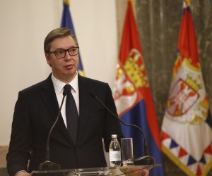 21, April, 2022, Belgrade - The President of the Republic of Serbia, Aleksandar Vucic, presented the Order of the Serbian Flag of the second degree to the President of the European Agency for Cooperation in Criminal Matters, Eurojust Ladislav Hamran. Aleksandra Vucic. Photo: Amir Hamzagic/ATAImages

21, april, 2022, Beograd - Predsednik Republike Srbije Aleksandar Vucic urucio je Orden srpske zastave drugog stepena predsedniku Evropske agencije za saradnju u krivicnim stvarima Evrodzast Ladislavu Hamranu. Photo: Amir Hamzagic/ATAImages Photo: Amir Hamzagic/ATAImages/PIXSELL