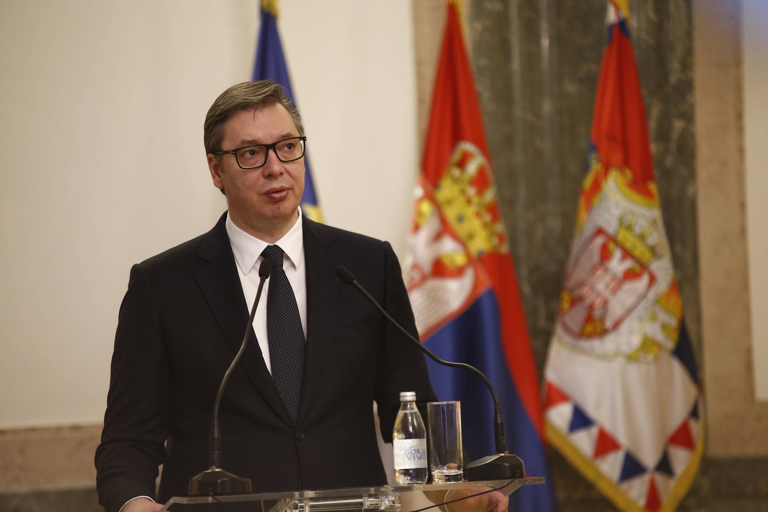21, April, 2022, Belgrade - The President of the Republic of Serbia, Aleksandar Vucic, presented the Order of the Serbian Flag of the second degree to the President of the European Agency for Cooperation in Criminal Matters, Eurojust Ladislav Hamran. Aleksandra Vucic. Photo: Amir Hamzagic/ATAImages

21, april, 2022, Beograd - Predsednik Republike Srbije Aleksandar Vucic urucio je Orden srpske zastave drugog stepena predsedniku Evropske agencije za saradnju u krivicnim stvarima Evrodzast Ladislavu Hamranu. Photo: Amir Hamzagic/ATAImages Photo: Amir Hamzagic/ATAImages/PIXSELL