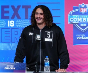 Mar 2, 2022; Indianapolis, IN, USA; UCLA Bruins tight end Greg Dulcich during the NFL Combine at Lucas Oil Stadium. Mandatory Credit: Kirby Lee-USA TODAY Sports Photo: Kirby Lee/REUTERS