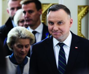 European Commission President Ursula von der Leyen and Polish President Andrzej Duda arrive to take part in a global event titled 'Stand Up For Ukraine' at the Palace on the Isle in Royal Lazienki Park in Warsaw, Poland, April 9, 2022. REUTERS/Kacper Pempel
