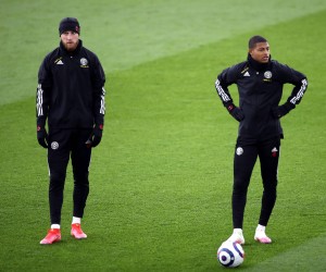 Leicester City v Sheffield United - Premier League - King Power Stadium Sheffield United s Oli McBurnie and Rhian Brewster warming up before the Premier League match at King Power Stadium, Leicester. Picture date: Sunday March 14, 2021. EDITORIAL USE ONLY No use with unauthorised audio, video, data, fixture lists, club/league logos or live services. Online in-match use limited to 120 images, no video emulation. No use in betting, games or single club/league/player publications. PUBLICATIONxINxGERxSUIxAUTxONLY Copyright: xAlexxPantlingx 58602943