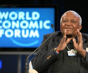 DAVOS-KLOSTERS/SWITZERLAND, 1FEB09 - Desmond M. Tutu, Archbishop Emeritus of South Africa gestures during the session 'Believing in the Dignity of All' at the Annual Meeting 2009 of the World Economic Forum in Davos, Switzerland, February1, 2009.

Copyright by World Economic Forum
swiss-image.ch/Photo by Remy Steinegger