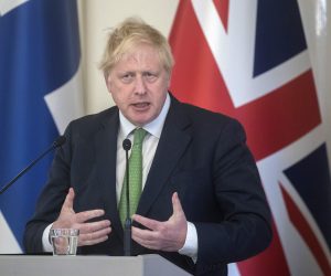 epa09940881 British Prime Minister Boris Johnson speaks during a joint press conference with Sauli Niinisto President of Finland at the Presidential Palace in Helsinki, Finland, 11 May 2022.  EPA/MAURI RATILAINEN