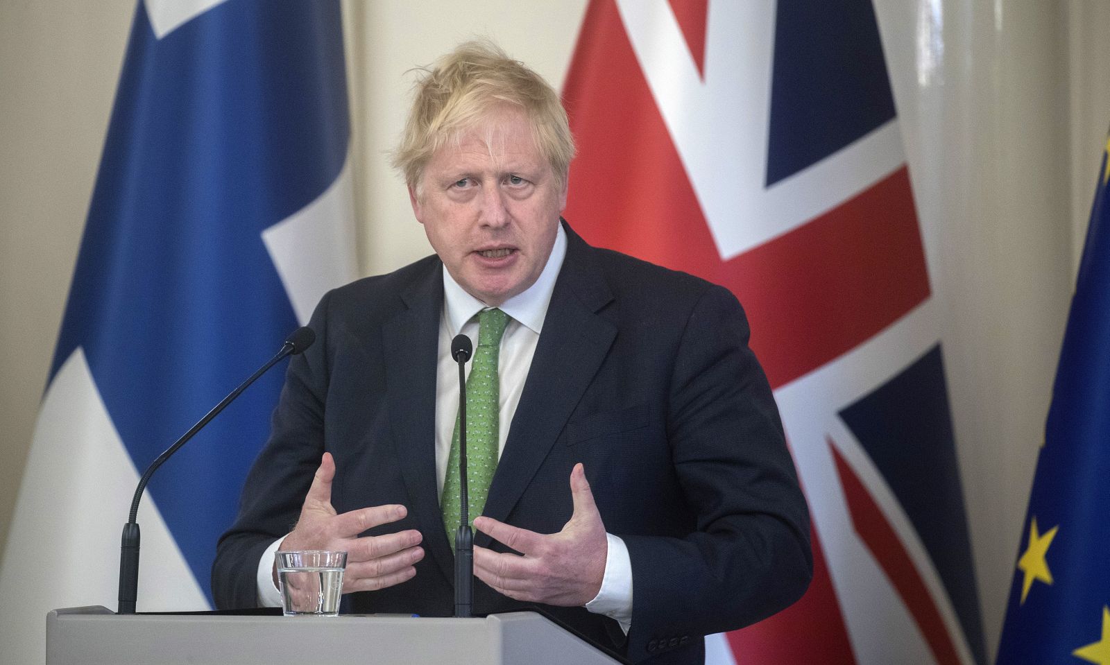 epa09940881 British Prime Minister Boris Johnson speaks during a joint press conference with Sauli Niinisto President of Finland at the Presidential Palace in Helsinki, Finland, 11 May 2022.  EPA/MAURI RATILAINEN