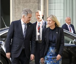 epa09952738 Finland's President Sauli Niinisto (L) is received by Sweden's Prime Minister Magdalena Andersson at the Adelcrantzska house in Stockholm, Sweden, 17 May 2022. Finland's President and his wife are in Sweden for a two-days state visit at the invitation of the King, as both countries have confirmed their application for NATO membership.  EPA/Anders Wiklund  SWEDEN OUT