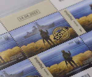 epa09969062 A view of postage stamps at a Post Office in the western Ukrainian city of Lviv, Ukraine, 23 May 2022, on the occasion of the official release of the second of a series of Ukrainian postage stamps titled 'Russian warship - Done!'. The first series of the postage stamps, depicting a Ukrainian soldier making a hand gesture at a Russian warship, were issued in April 2022 in honor of the heroism of Ukrainian border guards from Zmiinyi (Snake) Island. Russian troops entered Ukraine on 24 February resulting in fighting and destruction in the country and triggering a series of severe economic sanctions on Russia by Western countries.  EPA/MYKOLA TYS
