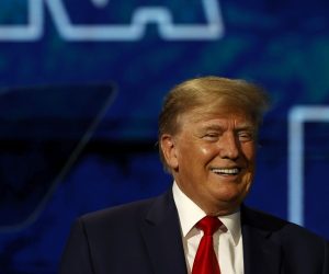 epa09981183 Former US President Donald Trump smiles, during the National Rifle Association’s convention at the George R Brown Convention Center, in Houston, Texas, USA, 27 May 2022. Protests are expected outside the convention which is being held only a few hours away from Uvalde, Texas, where 19 students and two teachers were killed by an 18-year-old gunman who entered their elementary school.  EPA/AARON M. SPRECHER
