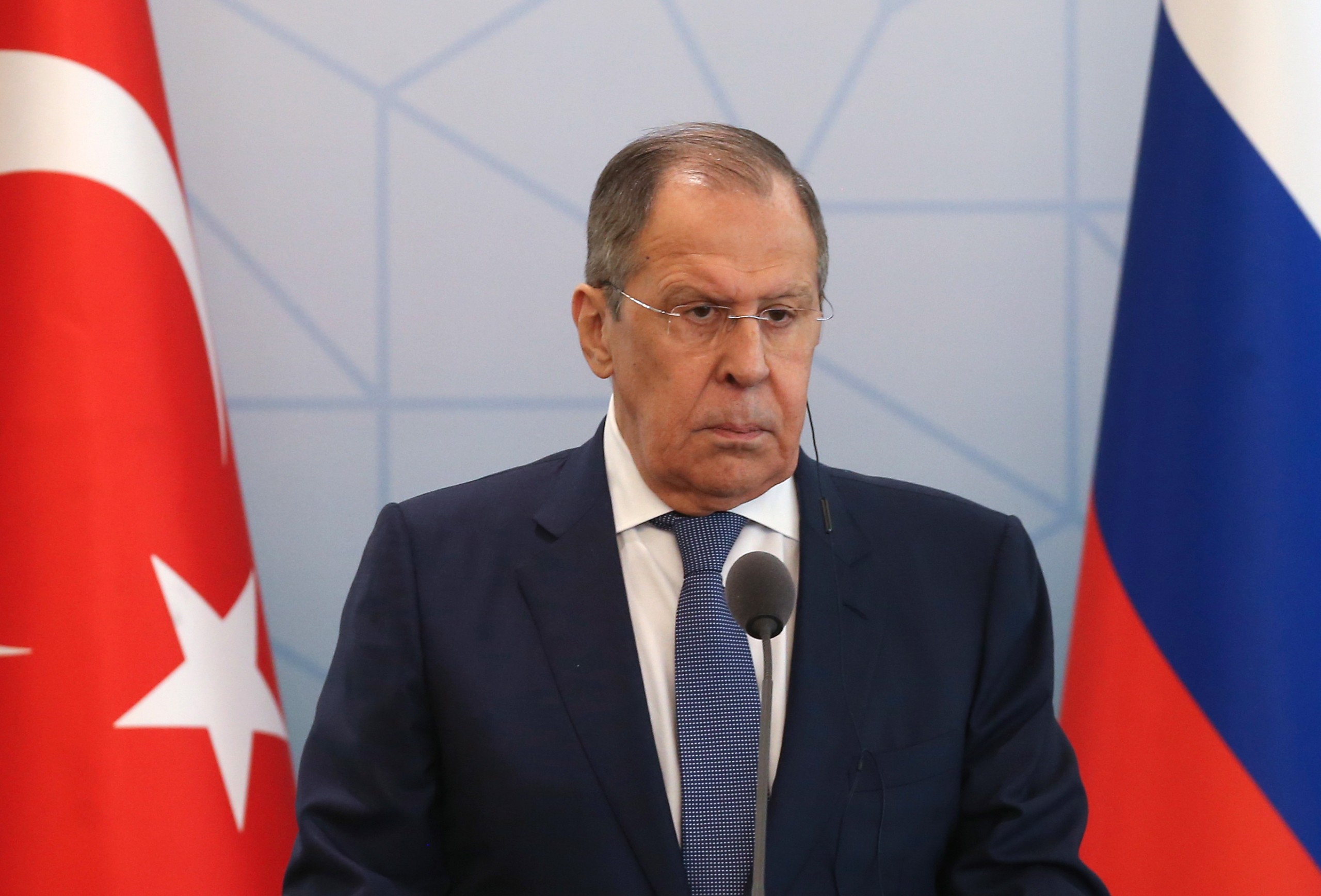epa10001714 Russian Foreign Minister Sergei Lavrov and Turkish Foreign Minister Mevlut Cavusoglu (not in picture), during a press conference after their meeting in Ankara, Turkey, 08 June 2022. Sergei Lavrov is on his working visit to Turkey. Lavrov and Cavusoglu intend to discuss a possible solution to the problem of Ukrainian grain exports and the prospects for the resumption of Russian-Ukrainian negotiations, in which Turkey previously acted as a mediator.  EPA/STR
