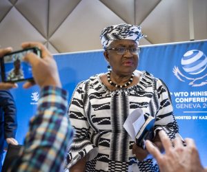 epa10009376 Nigeria's Ngozi Okonjo-Iweala, Director General of the World Trade Organisation (WTO) speaks at a press conference before the opening of the 12th Ministerial Conference (MC12) taking place from June 12-15, in Geneva, at the headquarters of the World Trade Organization (WTO), in Geneva, Switzerland, 12 June 2022.  EPA/MARTIAL TREZZINI