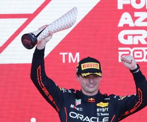 epa10009533 First placed Dutch Formula One driver Max Verstappen of Red Bull Racing celebrates on the podium after the Formula One Grand Prix of Azerbaijan at the Baku City Circuit in Baku, Azerbaijan, 12 June 2022.  EPA/ALI HAIDER