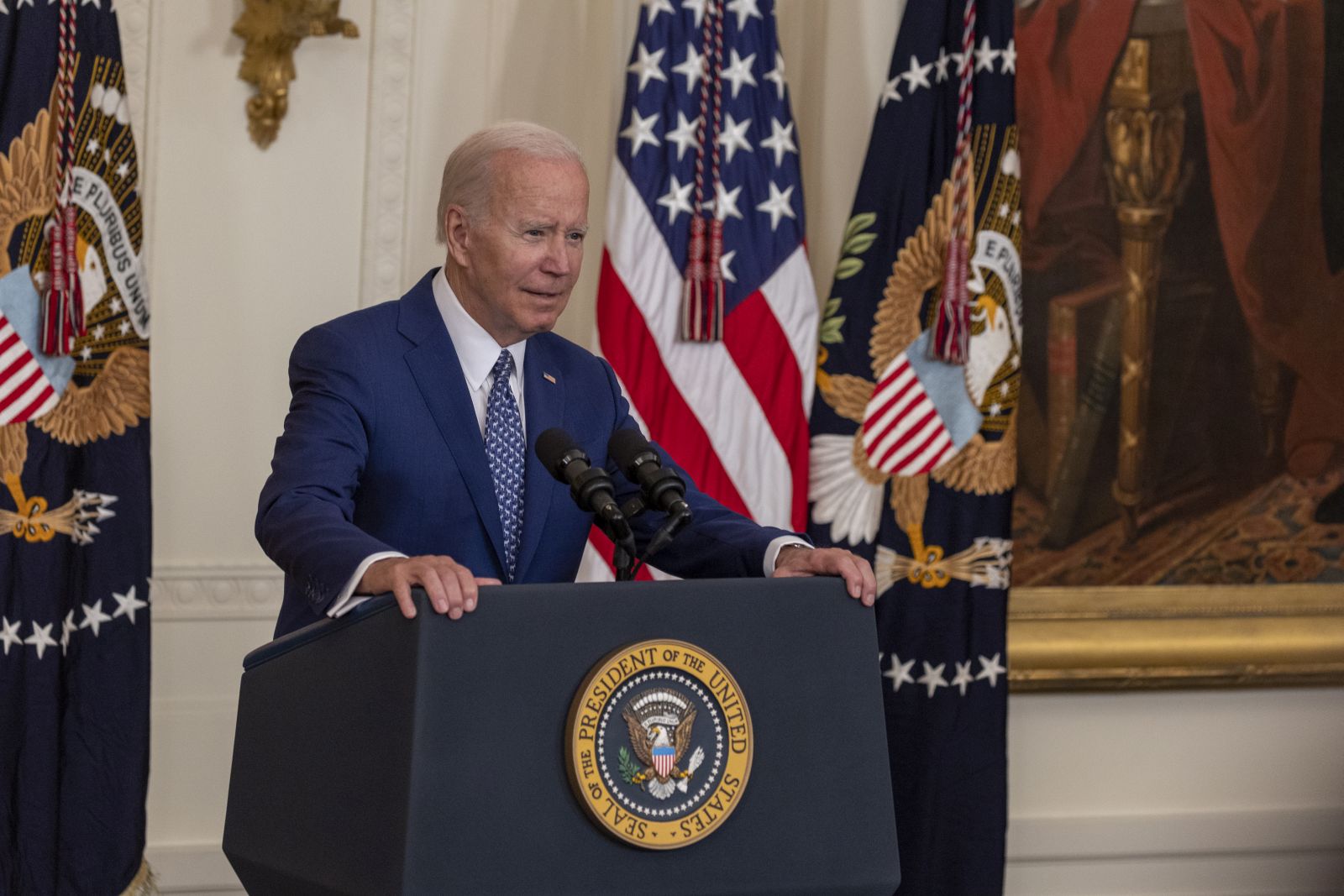 epa10011453 US President Joe Biden speaks, before he signed into law H.R. 3525, the 'Commission To Study the Potential Creation of a National Museum of Asian Pacific American History and Culture Act' in the East Room of the White House in Washington, DC, USA, 13 June 2022.  EPA/TASOS KATOPODIS / POOL