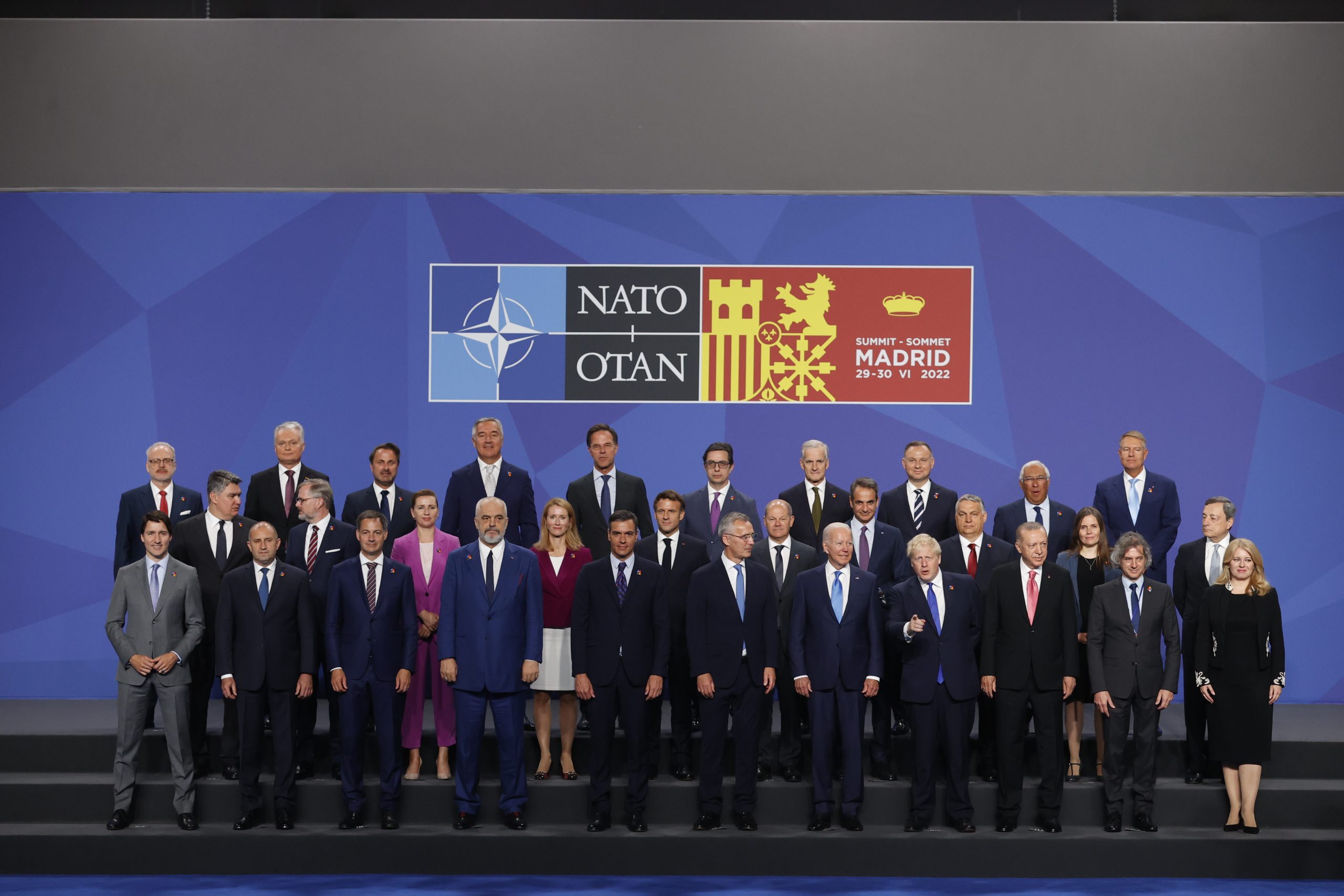 epa10040625 Family photo during the first day of the NATO Summit at IFEMA Convention Center, in Madrid, Spain, 29 June 2022. Heads of State and Government of NATO's member countries and key partners are gathering in Madrid from 29 to 30 June to discuss security concerns like Russia's invasion of Ukraine and other challenges. Spain is hosting 2022 NATO Summit coinciding with the 40th anniversary of its accession to NATO.  EPA/JuanJo Martin