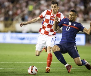 06.06.2022., Stadion Poljud, Split - UEFA Liga nacija, Liga A, skupina 1, 2. kolo, Hrvatska - Francuska.
Ante Budimir, William Saliba Photo: Milan Sabic/PIXSELL