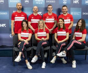 08.06.2022., Osijek - Konferencija za medije DOBRO World Cupa Osijek 2022. na kojoj su nazocili clanovi i clanice hrvatske gimnasticke reprezentacije.  Ana Djerek, Antea Ercegovic, Aurel Benovic, Filip Ude, Robert Seligman,Tijana Korent, Tin Srbic, Tina Zelcic;   Photo: Davor Javorovic/PIXSELL