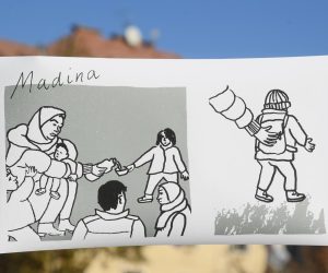 21.11.2020., Zagreb - Povodom trece godisnjice smrti Madine Hussiny zahtjev za pravdom za Madinu i sve druge progonjene i umrle na granicama i u ime granica Inicijativa Dobrodosli upucuje s Trga zrtava fasizma na kojem su postavili strip Madina Ene Jurov. Strip prikazuje dogadjaje koji su doveli do Madinine pogiblje u noci 21. studenog 2017. godine i prvotno je objavljen u Izvjestaju o nezakonitim protjerivanjima djece i djece bez pratnje u Hrvatskoj (2020) koji su napisali Border Violence Monitoring Network, Centar za mirovne studije, Drustvo za psiholosku pomoc i Inicijativa Dobrodosli. rPhoto: Marko Lukunic/PIXSELL