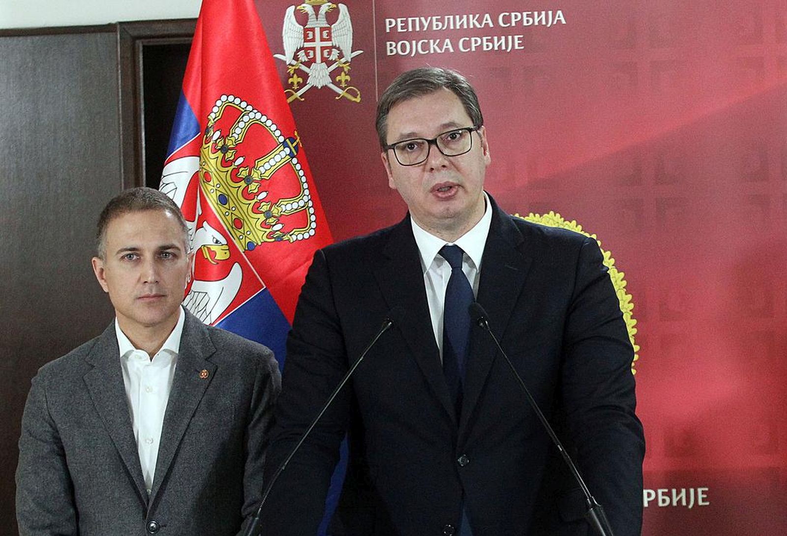 28, January, 2021, Belgrade - At the Topcider Guard House, Serbian President Aleksandar Vucic, Defense Minister Nebojsa Stefanovic and Chief of General Staff Milan Mojsilovic attended a presentation on the results of the analysis of the state of functional and operational capabilities of the Serbian Army for 2020. Nebojsa Stefanovic, Aleksandar Vucic, Milan Mojsilovic. Photo: A.K./ATAImagesrr28, januar, 2021, Beograd - U Domu garde Topcider predsednik Srbije Aleksandar Vucic, ministar odbrane Nebojsa Stefanovic i nacelnik Generalstaba Milan Mojsilovic prisustvovali su referisanju o rezultatima analize stanja funkcionalnih i operativnih sposobnosti Vojske Srbije za 2020. godinu. Photo: A.K./ATAImages