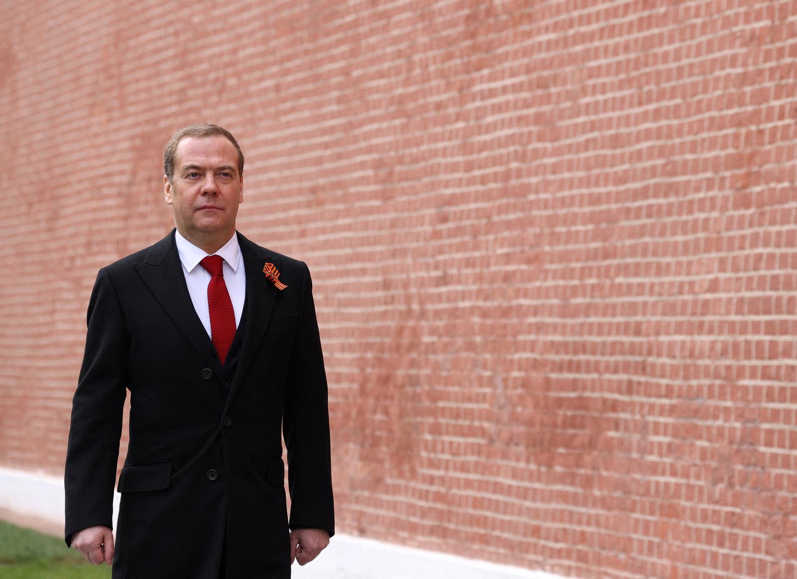 Deputy Chairman of Russia's Security Council Dmitry Medvedev arrives for a military parade on Victory Day, which marks the 77th anniversary of the victory over Nazi Germany in World War Two, in Red Square in central Moscow, Russia May 9, 2022. Sputnik/Ekaterina Shtukina/Pool via REUTERS ATTENTION EDITORS - THIS IMAGE WAS PROVIDED BY A THIRD PARTY. Photo: SPUTNIK/REUTERS