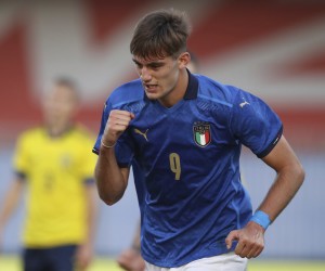 October 12, 2021, Monza, United Kingdom: Monza, Italy, 12th October 2021. Lorenzo Lucca of Italy celebrates after scoring to level the game at 1-1 during the UEFA Euro Under-21 Qualifying match at Stadio Brianteo, Monza. Picture credit should read: Jonathan Moscrop / Sportimage(Credit Image: © Jonathan Moscrop/CSM via ZUMA Wire) (Cal Sport Media via AP Images)