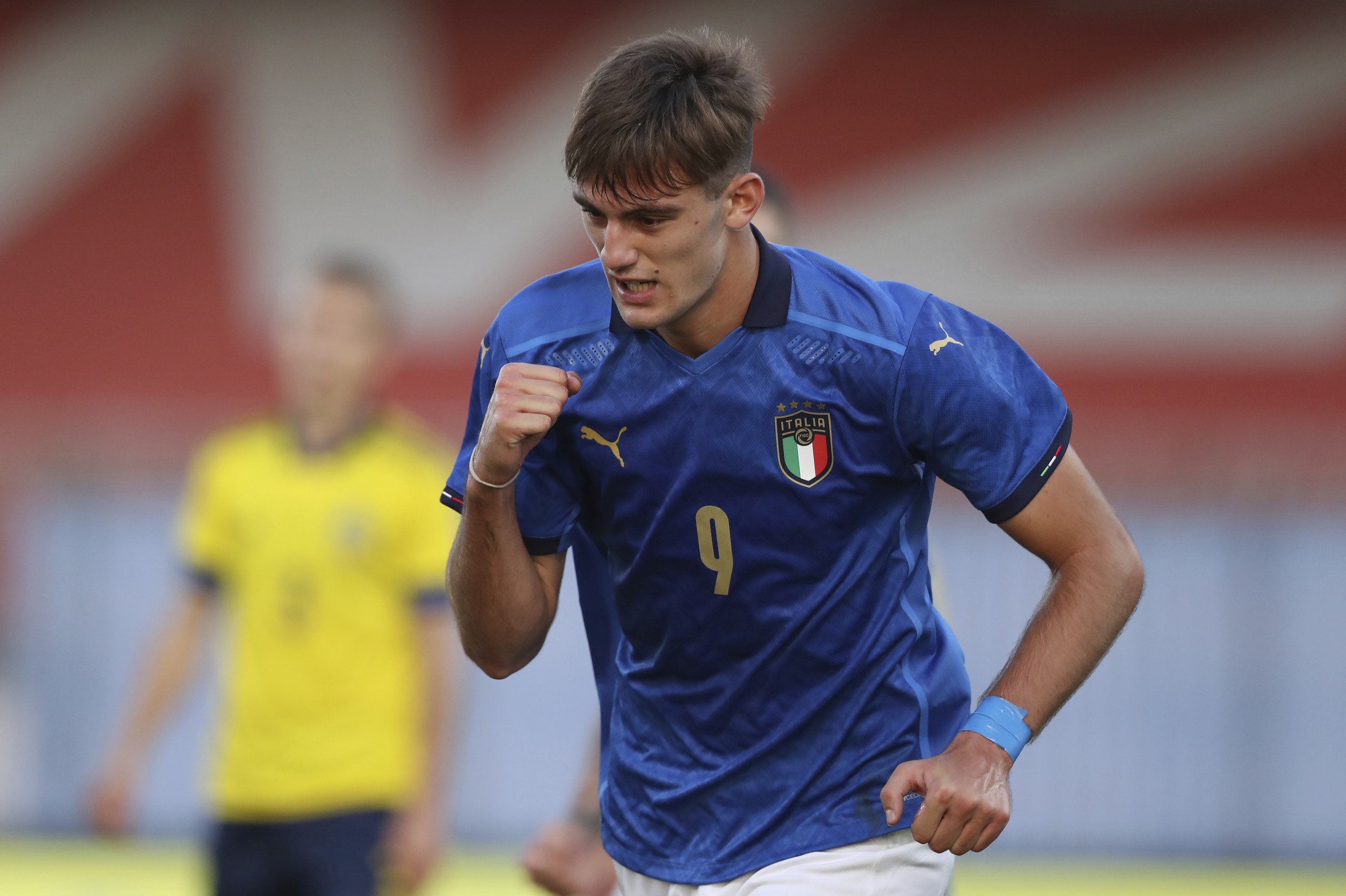 October 12, 2021, Monza, United Kingdom: Monza, Italy, 12th October 2021. Lorenzo Lucca of Italy celebrates after scoring to level the game at 1-1 during the UEFA Euro Under-21 Qualifying match at Stadio Brianteo, Monza. Picture credit should read: Jonathan Moscrop / Sportimage(Credit Image: © Jonathan Moscrop/CSM via ZUMA Wire) (Cal Sport Media via AP Images)