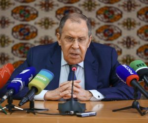 epa10038600 A handout photo made available by the press service of the Russian Foreign Affairs Ministry shows Russian Foreign Minister Sergei Lavrov speaking to journalists after the Caspian states Foreign Ministers meeting in Ashgabat, Turkmenistan, 28 June 2022. The Caspian states foreign ministers meeting is held ahead of the Sixth Caspian Summit which will be held in Ashgabat on 29 June 2022.  EPA/RUSSIAN FOREIGN AFFAIRS MINISTRY / HANDOUT MANDATORY CREDIT HANDOUT EDITORIAL USE ONLY/NO SALES