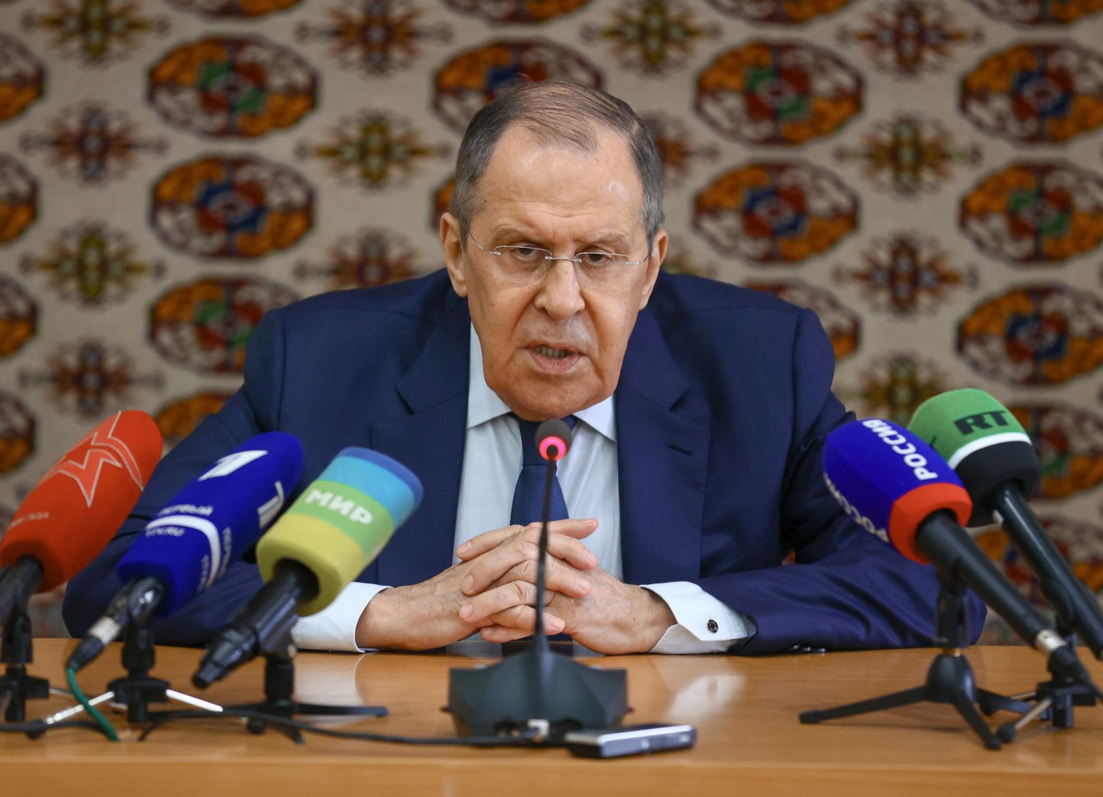 epa10038600 A handout photo made available by the press service of the Russian Foreign Affairs Ministry shows Russian Foreign Minister Sergei Lavrov speaking to journalists after the Caspian states Foreign Ministers meeting in Ashgabat, Turkmenistan, 28 June 2022. The Caspian states foreign ministers meeting is held ahead of the Sixth Caspian Summit which will be held in Ashgabat on 29 June 2022.  EPA/RUSSIAN FOREIGN AFFAIRS MINISTRY / HANDOUT MANDATORY CREDIT HANDOUT EDITORIAL USE ONLY/NO SALES