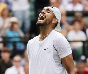 epa10051874 Nick Kyrgios of Australia celebrates winning the men's 4th round match against Brandon Nakashima of the US at the Wimbledon Championships, in Wimbledon, Britain, 04 July 2022.  EPA/TOLGA AKMEN   EDITORIAL USE ONLY