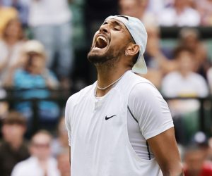 epa10051874 Nick Kyrgios of Australia celebrates winning the men's 4th round match against Brandon Nakashima of the US at the Wimbledon Championships, in Wimbledon, Britain, 04 July 2022.  EPA/TOLGA AKMEN   EDITORIAL USE ONLY