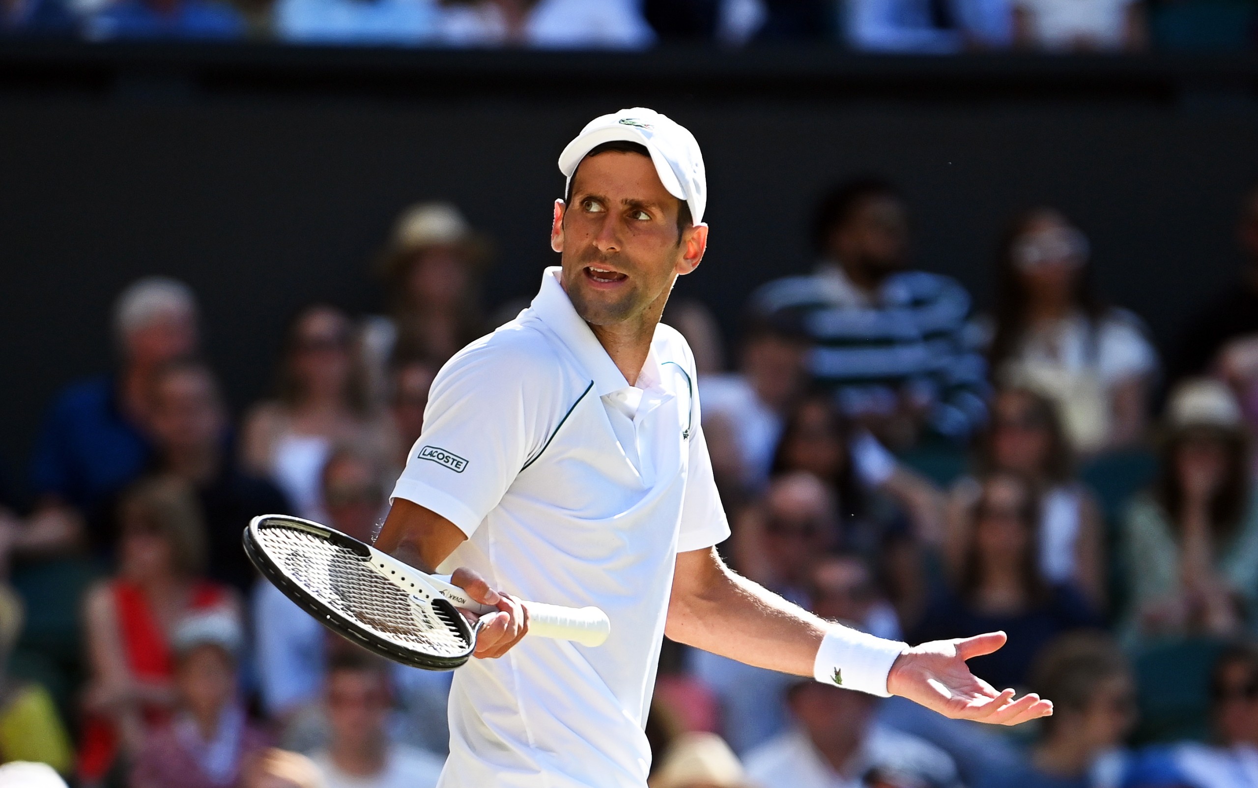epa10059659 Novak Djokovic of Serbia reacts during his men's semi final match against Cameron Norrie of Britain at the Wimbledon Championships in Wimbledon, Britain, 08 July 2022.  EPA/NEIL HALL   EDITORIAL USE ONLY