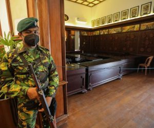 epa10070326 A Sri Lankan Special task force soldier stands guard inside the Prime Minister's office in Colombo, Sri Lanka, 14 July 2022. The protesters finally vacate from the President Palace, Prime Minister's Resident,  Prime Minister's office on 14 July after five days of their incursion. Thousands of protesters broke through police barricades and stormed in to the President Palace, President office, Prime Minister's Resident and Prime Minister's office on 09 July. Meanwhile, Sri Lankan authorities declared a state of emergency and imposed a curfew in the Western Province of the country on 13 July. According to the speaker of parliament, Sri Lankan President Gotabaya Rajapaksa has authorised the prime minister Prime Minister Ranil Wickremesinghe to carry out presidential duties after the president fled to the Maldives amid months of protests against the economic crisis.  EPA/CHAMILA KARUNARATHNE