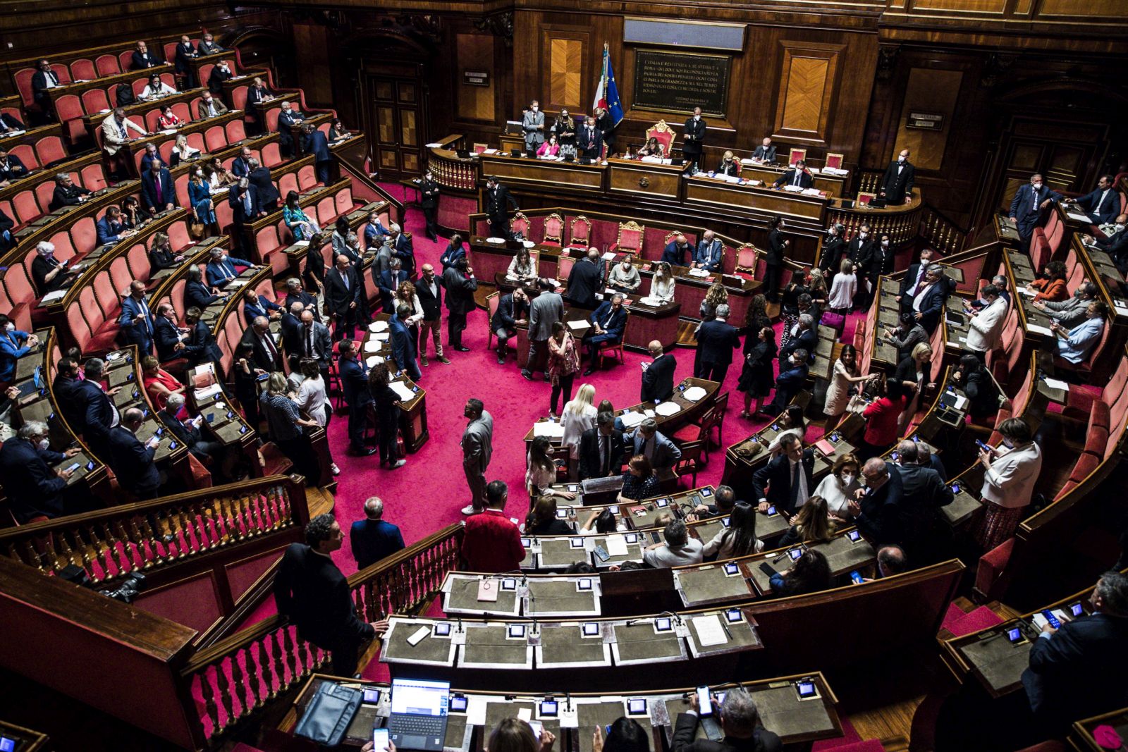 epa10070944 The 5-Star Movement's Senators were absent for the confidence vote in the Upper House on the government's aid decree for the cost-of-living crisis, in Rome, Italy, 14 July 2022. The decree passed with 172 votes in favour and 39 against. Premier Mario Draghi went to the Quirinal Palace to meet President Sergio Mattarella on Thursday after the 5-Star Movement (M5S) failed to take part in a confidence vote in the Senate on a government decree, effectively pulling its support for the executive. Former European Central Bank (ECB) President Draghi had said this week that he would not continue with his government of national unity without the support of the M5S.  EPA/ANGELO CARCONI