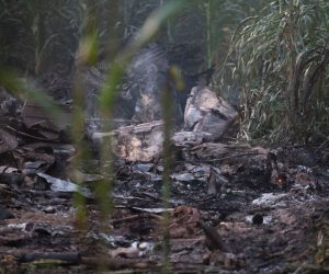 epa10075688 The wreckage of an Antonov An-12 aircraft that crashed near Antiphilippi, Kavala, northern Greece, 17 July 2022. The cargo plane crashed on the night of 16 July with eight crew members onboard near Kavala, while enroute from Serbia to Jordan. The pilot requested an emergency landing, as he reported failure of one of his four engines.  EPA/ACHILLEAS CHIRAS