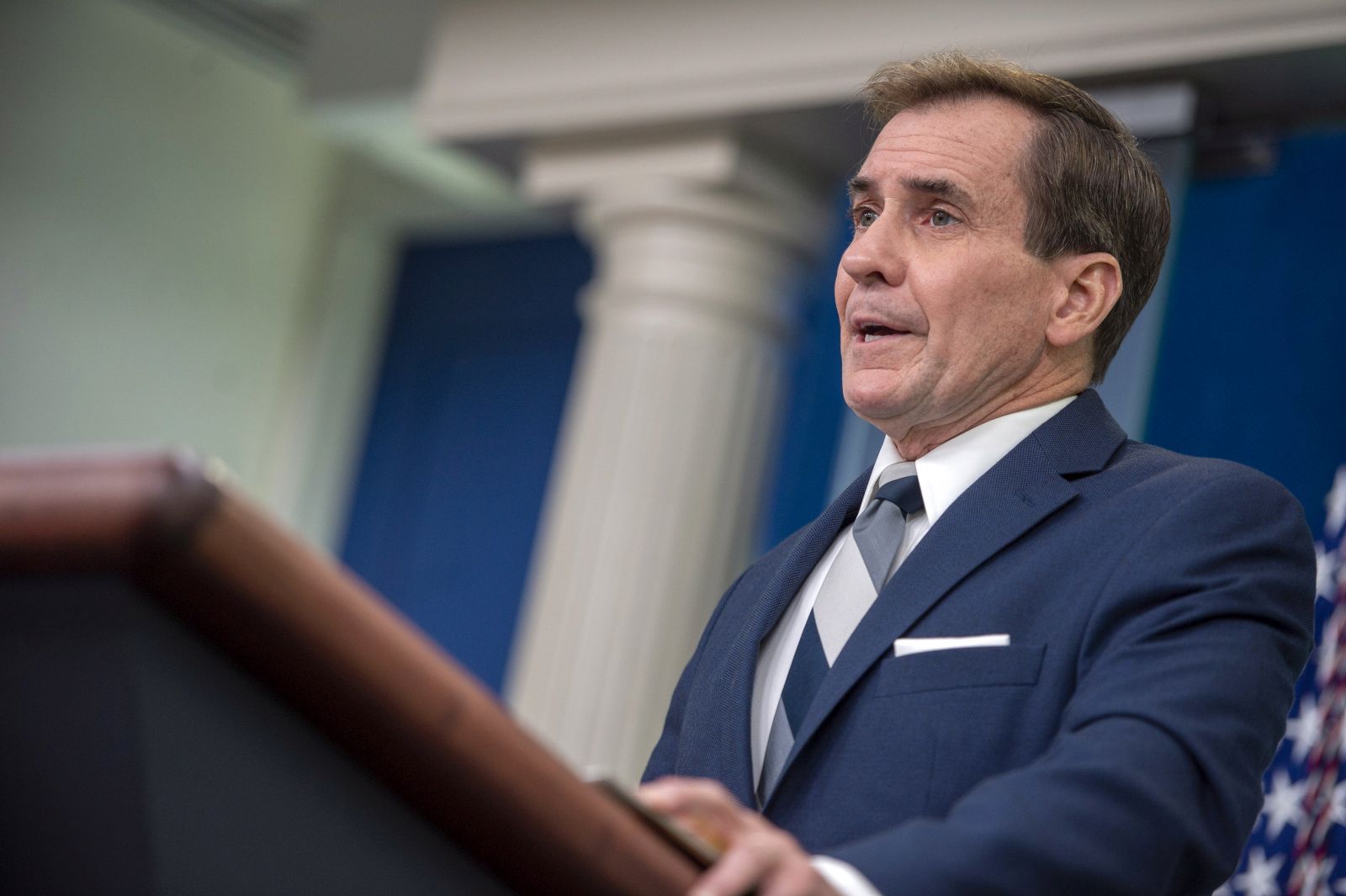 epa10080617 National Security Council Coordinator John Kirby speaks during the White House daily press briefing in the James Brady Briefing Room at the White House in Washington, DC, USA, 19 July 2022.  EPA/BONNIE CASH / POOL