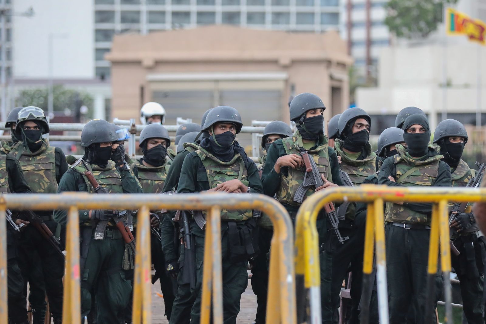 epa10085803 Sri Lankan Army soldiers block and guard the access road of the President's secretariat, after the protesters were forcibly evicted from the premises, in Colombo, Sri Lanka,  22 July 2022. The Sri Lankan parliament elected Ranil Wickremesinghe as the new President of Sri Lanka on 20 July, after accepting the resignation of President Gotabaya Rajapaksa who fled to Singapore through the Maldives following months of anti-government protests fueled by the ongoing economic crisis. Protests have been affecting the country for over four months as Sri Lanka faces its worst-ever economic crisis in decades due to the lack of foreign reserves, resulting in severe shortages in food, fuel, medicine, and imported goods.  EPA/CHAMILA KARUNARATHNE