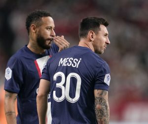 epa10087899 Paris Saint-Germain's Neymar Jr and Lionel Messi (R) react during player substitution during a friendly match against J1 league club Urawa Reds at Saitama Stadium, north of Tokyo, Japan, 23 July 2022.  EPA/KIMIMASA MAYAMA