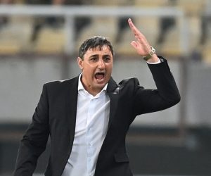 epa10092879 Shkupi's coach Goce Sedloski reacts during the UEFA Champions League second qualifying round, second leg match between Shkupi and Dinamo Zagreb in Skopje, Republic of North Macedonia, 26 July 2022.  EPA/GEORGI LICOVSKI