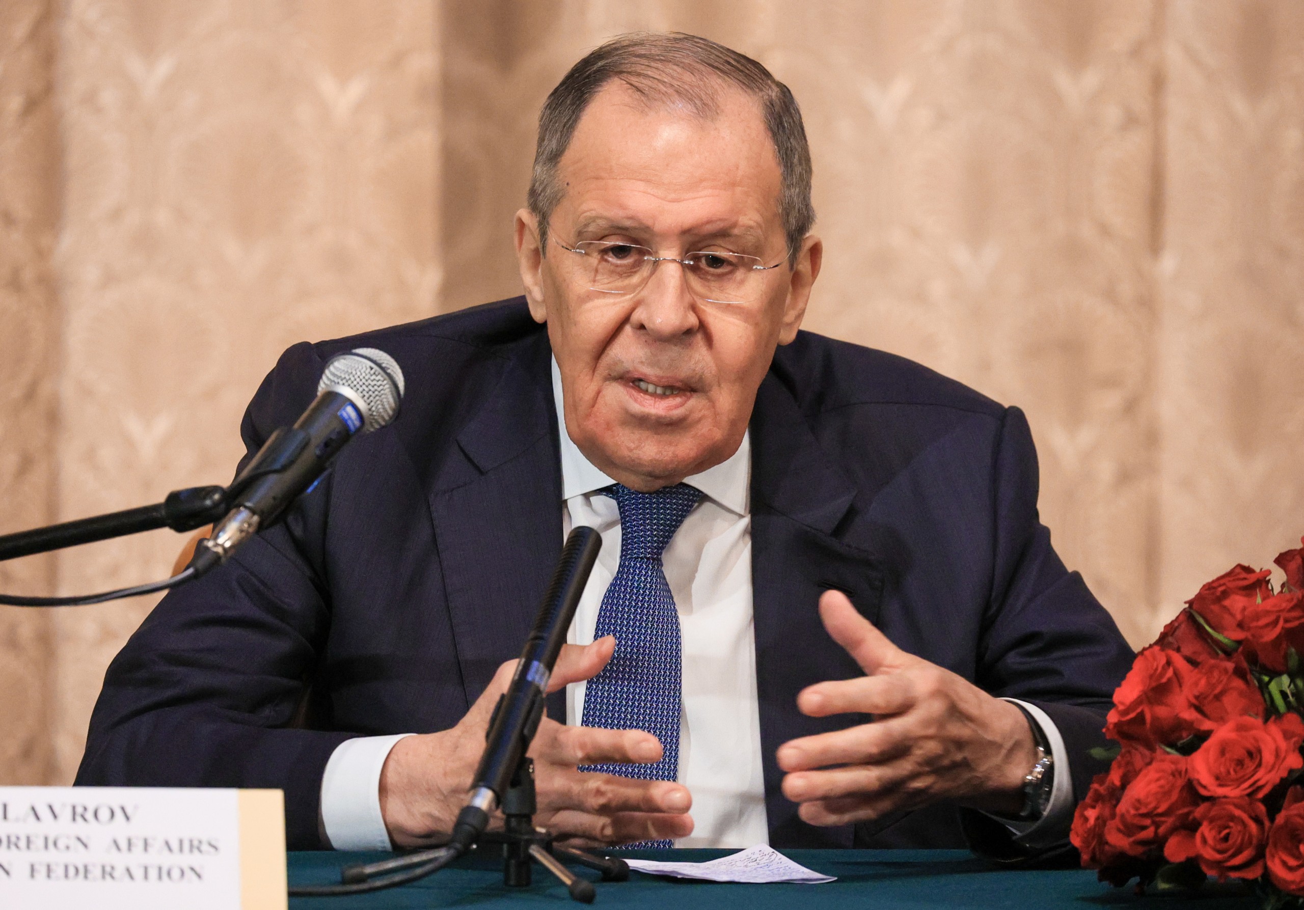 epa10093922 A handout photo made available by the press service of the Russian Foreign Affairs Ministry shows Russian Foreign Minister Sergei Lavrov delivers a speech to representatives of permanent missions of member states of the African Union, at the Russian embassy in Addis Abeba, Ethiopia, 27 July 2022. Russian Foreign Minister is on a working visit to Ethiopia.  EPA/RUSSIAN FOREIGN AFFAIRS MINISTRY HANDOUT MANDATORY CREDIT HANDOUT EDITORIAL USE ONLY/NO SALES
