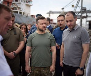 epa10097084 A handout photo made available by the Ukrainian Presidential Press Service shows Ukrainian President Volodymyr Zelensky (C) and G7 countries' ambassadors visit to the port of Odesa, Ukraine, 29 July 2022. Ukraine was ready to export Ukrainian grain and waiting for signals from partners about the start of transportation, Zelensky said on his official Telegram account. A center to oversee the Ukrainian grain export was opened in Istanbul on 27 July following a deal between Russian and Ukraine to export Ukrainian grain from besieged ports through the Black Sea.  EPA/UKRAINIAN PRESIDENTIAL PRESS SERVICE -- MANDATORY CREDIT: UKRAINIAN PRESIDENTIAL PRESS SERVICE -- HANDOUT EDITORIAL USE ONLY/NO SALES