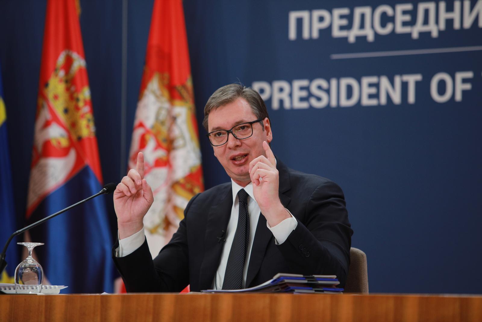 08, December, 2021, Belgrade -  The President of the Republic of Serbia, Aleksandar Vucic, addressed the public at the Palace of Serbia on the occasion of the current protests and the Rio Tinto company, as well as the Law on Expropriation and the Law on Referendum and People's Initiative and on that occasion, the president announced what decisions he had made regarding the laws, and in accordance with his powers. Aleksandar Vucic. Photo: Milos Tesic/ATAImages

08, decembar, 2021,  Beograd - Predsednik Republike Srbije Aleksandar Vucic obratio se javnosti  u Palati Srbija povodom aktuelnih protesta i kompanije Rio Tinto, kao i Zakona o eksproprijaciji i Zakona o referendumu i narodnoj inicijativi i tom prilikom predsednik je saopstio koje odluke je doneo u vezi sa zakonima, a u skladu sa svojim ovlascenjima. Photo: Milos Tesic/ATAImages Photo: Milos Tesic/PIXSELL