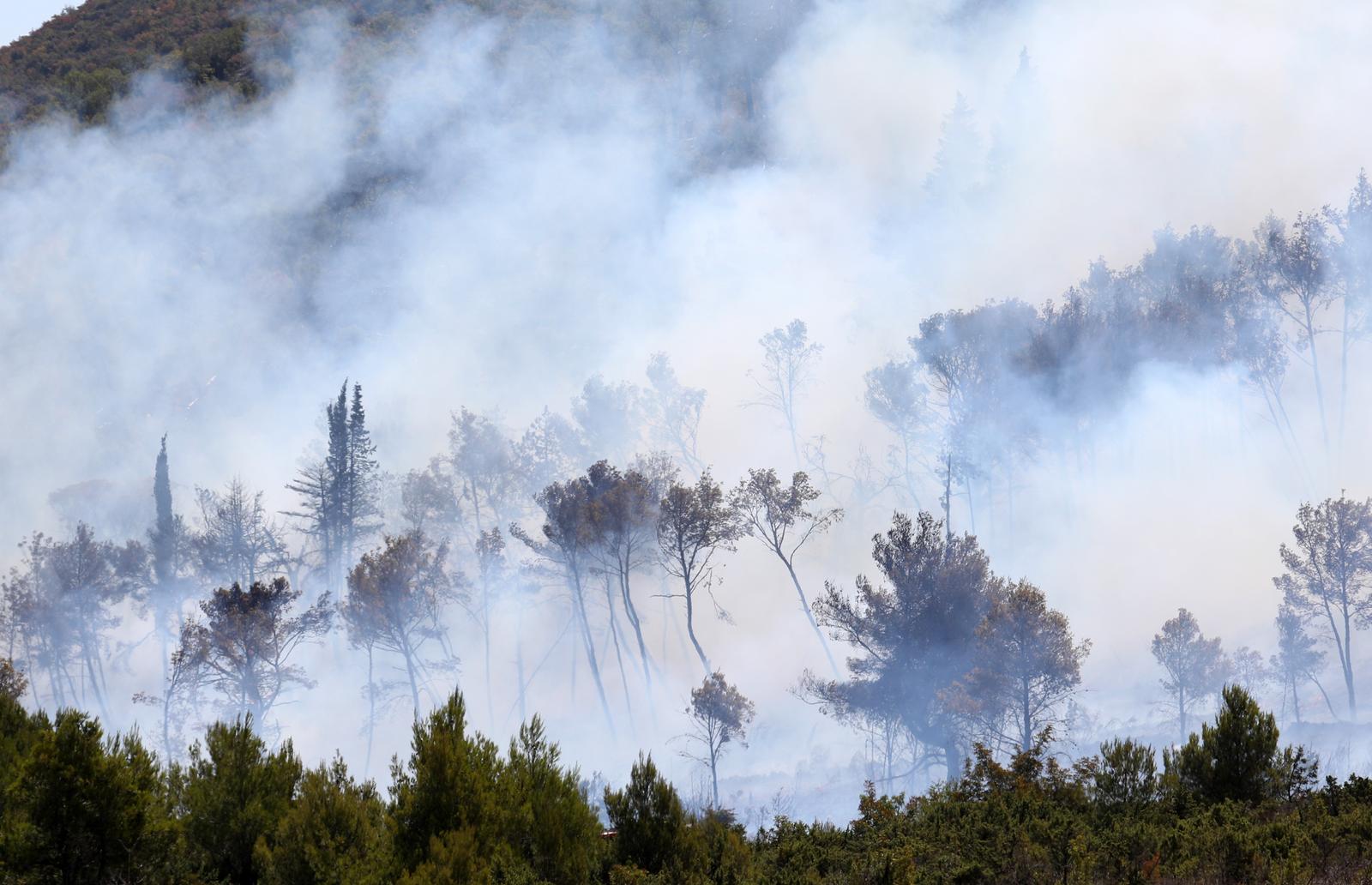 12.08.2021., Sibenik - Pozar kod Vrpolja gase vatrogasne snage, 43 vatrogasca, 16 vozila i dva kanadera. Pozar se priblizio se i kucama. Photo: Dusko Jaramaz/PIXSELL