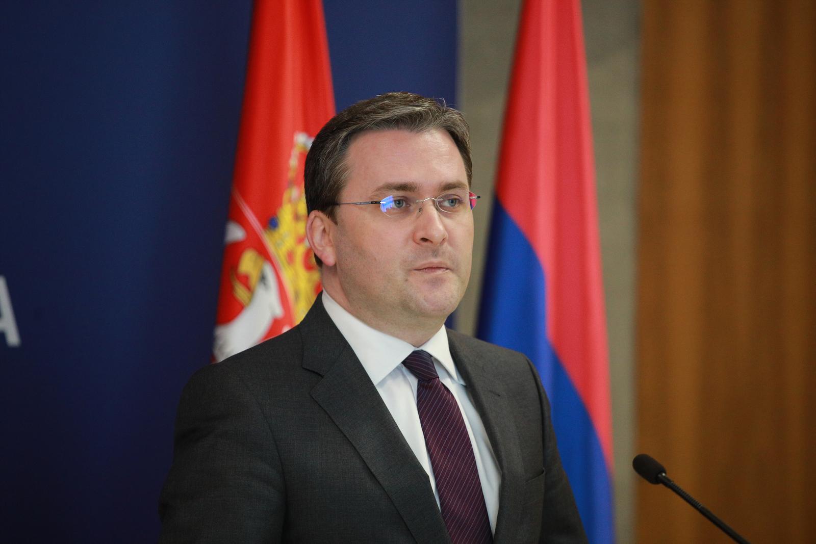 16, March, 2021, Belgrade - Serbian Foreign Minister Nikola Selakovic and Hungarian Foreign and Foreign Trade Minister Péter Szijjártó  signed the Collocation protocol. Nikola Selakovic. Photo: Milos Tesic/ATAImagesrr16, mart, 2021, Beograd  - Ministar spoljnih poslova Srbije Nikola Selakovic i ministar spoljnih poslova i spoljne trgovine Madjarske Peter Sijarto potpisali su  Protokol o kolokaciji. Photo: Milos Tesic/ATAImages